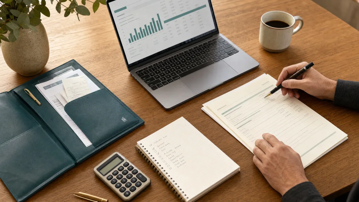 Illustrative bookkeeping review desk with supporting documents beside a laptop