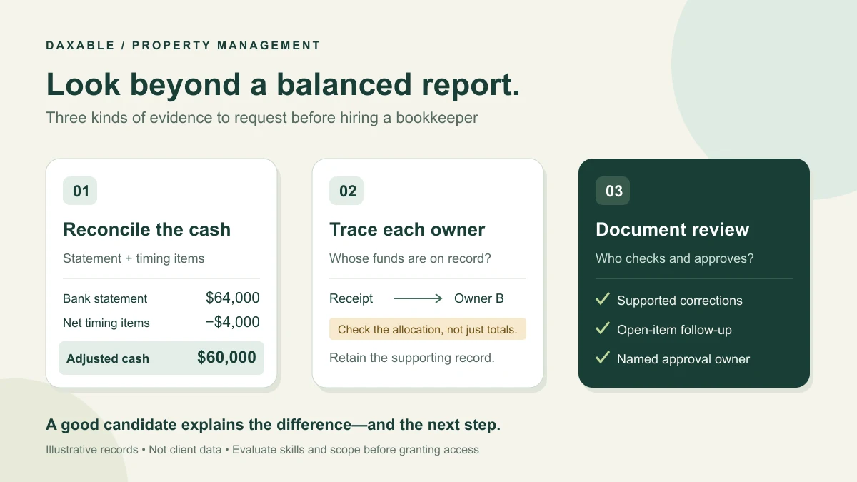 Illustrated hiring review connecting a trust-bank reconciliation, owner ledger detail and documented reviewer approval