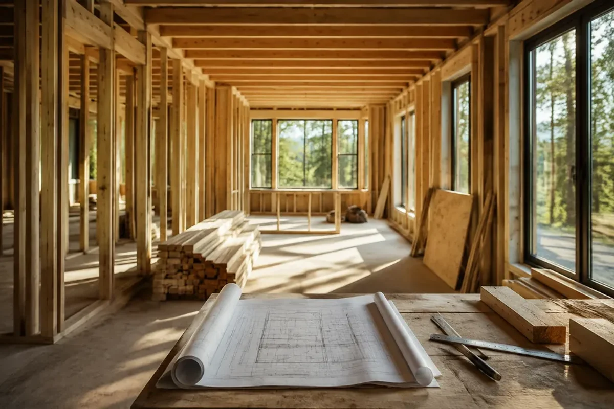 Illustrative construction framing with plans on a workbench