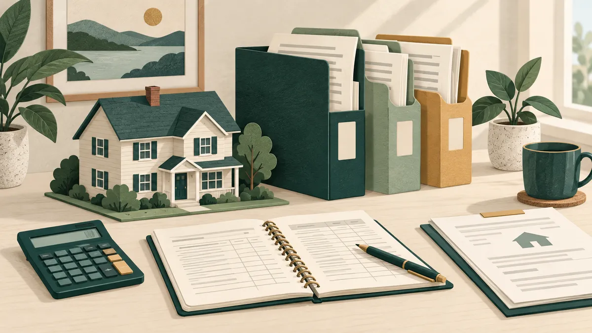 Illustration of a rental house beside organized lender documents and a bookkeeping notebook