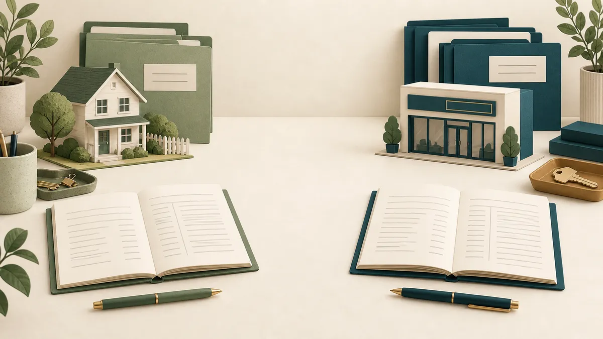 Illustration of separate rental-property and real-estate sales document folders and notebooks